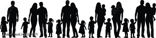 Happy family silhouettes with parents and children standing together showing love unity parenting childhood and family life isolated illustration