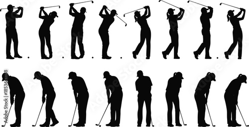 Golf player silhouettes showing swing sequence and putting poses, professional sport action collection, black human figures isolated on white background