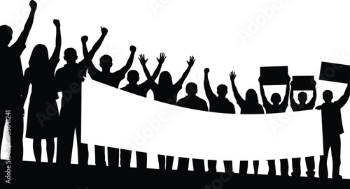 People protest silhouettes holding banner and placards, crowd demonstration concept, social movement activism unity freedom illustration