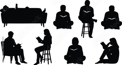 People reading book silhouettes relaxing seated poses, education knowledge concept, leisure lifestyle activity, isolated reader illustration collection