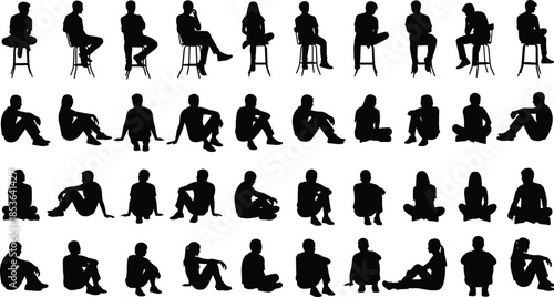 People silhouettes sitting poses on stools and floor, male female casual figures, lifestyle body positions, isolated character illustration collection set