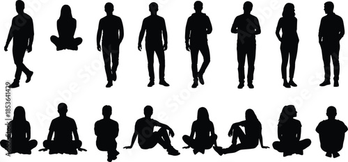 People silhouettes standing sitting walking poses, male female casual human figures, lifestyle body positions, isolated modern character illustration collection