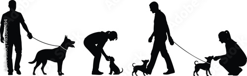 People walking dogs silhouettes showing pet care activities, human and animal interaction poses, black figures isolated on white background illustration