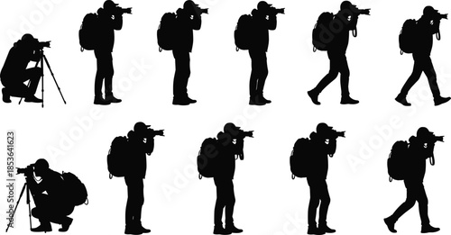 Photographer silhouettes using camera and tripod, professional outdoor photography poses, backpack travel photographer actions, isolated creative illustration set