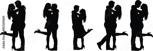 Romantic couple silhouette hugging kissing poses, loving man woman embrace, relationship passion concept, intimate moments, isolated black human figures