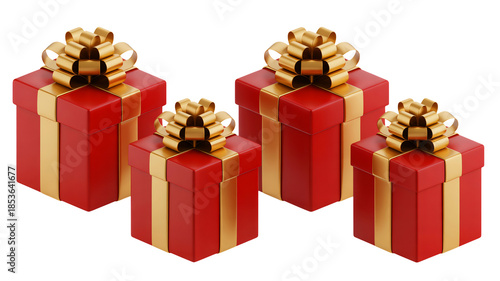 Elegant red gifts with gold bows on white background
