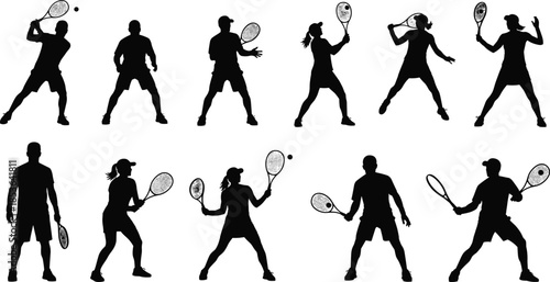 Tennis player silhouettes, dynamic racket swing poses, male female athletes training serving hitting, isolated sports action collection