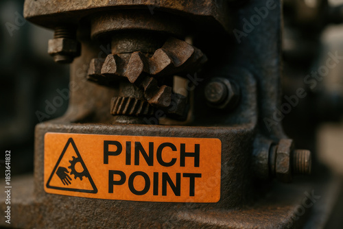 Close up of pinch point hazard warning label on an industrial machine. mechanical gear creates serious safety risk, showing potential danger at factory