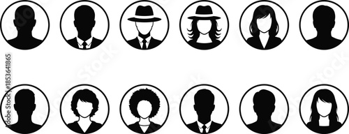 User profile avatar silhouettes collection, male female faceless portraits in circles, social media account icons, professional people identity illustration set