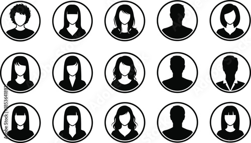 User profile avatar silhouettes, male female face icons, anonymous people portraits, social media account profile illustration set