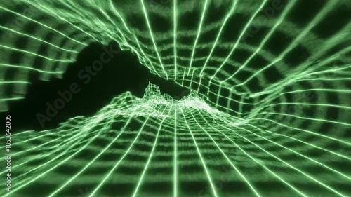 High-frequency digital grid structure rapidly vibrating and warping in bright neon green, creating an intense abstract motion background seamless loop, visual effect, digital grid rapid vibration