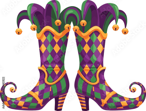 Mardi Gras Jester Boots Vector with Harlequin Pattern