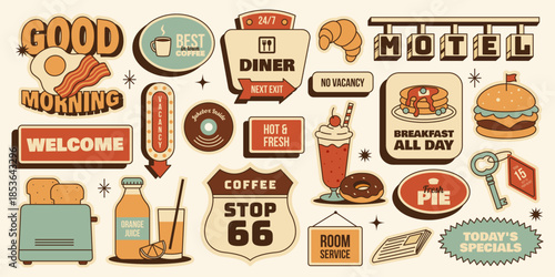 Retro good morning sticker set. Diner signs, motel signboards, pancakes, burger, milkshake, eggs and more. Vector illustration in vintage colors mid century 50s style food travel restaurant menu