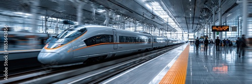 Modern high speed train blurring past station platform