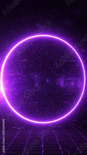 Glowing Purple Neon Circle Portal Floating In Dark Starry Cosmos Over Digital Grid Floor with Lens Flares and Particle Effects