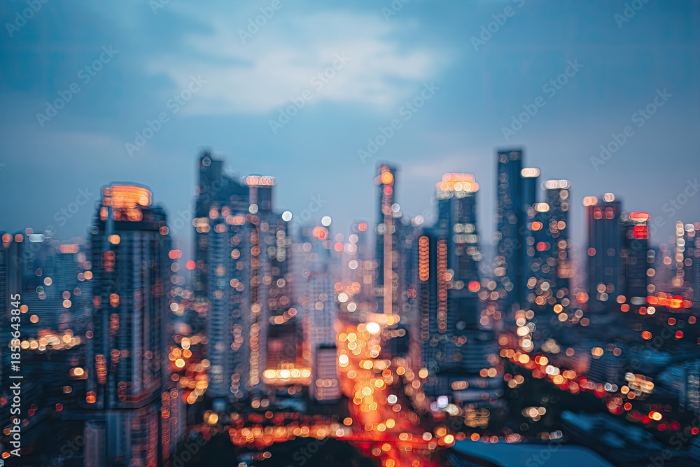 Fototapeta premium Blurry, glowing city skyline at dusk with illuminated buildings and lights