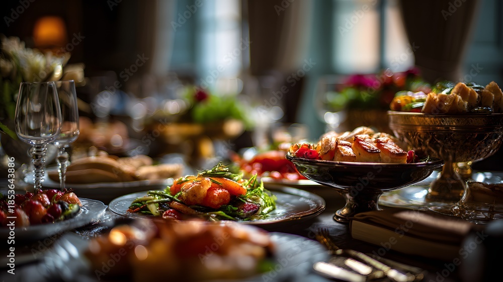 Fototapeta premium Gourmet salmon dinner with asparagus and wine in warm natural light, perfect for restaurant ads, food blog features