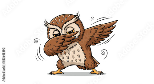 Cool and funny cartoon owl with large eyes and brown feathers, striking a trendy dab dance pose with its wings outstretched.
