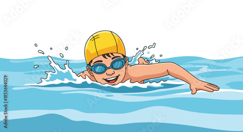 Happy young boy wearing a yellow swim cap and blue goggles, smiling while swimming the front crawl stroke in a pool of blue water.