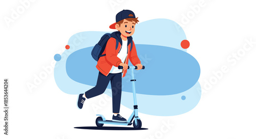 Happy schoolboy in a red jacket and backpack, smiling as he rides a modern blue kick scooter against an abstract background.
