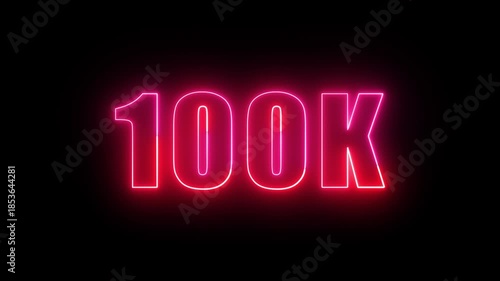 Neon glowing 100K follower text effect, editable neon light text 100K isolated on black background.