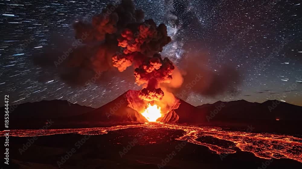 Volcanic Eruption at Night - A Fiery Display of Natures Power. สต็อก ...