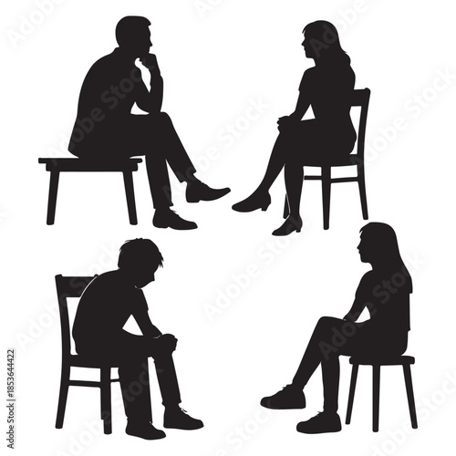 Silhouettes of Men, Women, and Teenagers Sitting on Benches and Chairs
