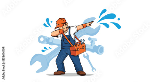 Cool young plumber in overalls doing the dab dance pose, carrying a toolbox with a background of wrenches and water splashes.