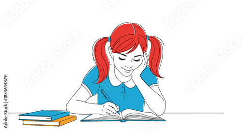 Cute schoolgirl with red pigtails and a blue dress, smiling as she writes in her notebook at a desk with a stack of books.