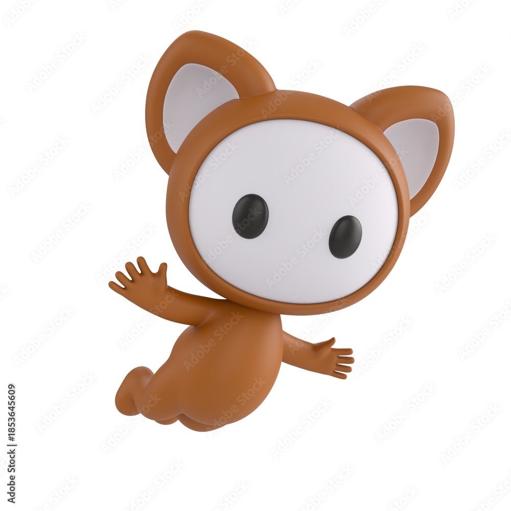 Obraz premium Cute 3D render Little Brown Monster character flying freely in the air, joyful and carefree mascot style, isolated on white background for freedom, imagination, and digital design.