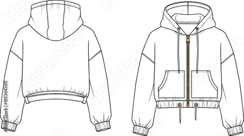 Technical flat sketch (front and back view) of a loose-fit peasant blouse with raglan sleeves, drawstring tie-neck, peplum hem, and voluminous balloon sleeves, vector template for chic apparel design.