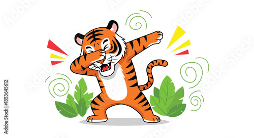 Trendy and cool cartoon tiger with a big smile, doing the dab dance pose among tropical leaves and colorful graphic elements.