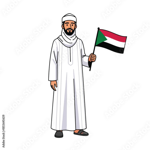 Man in traditional Sudanese clothing. Holding Sudanese flag. Vector illustration of man in white robe and headscarf. Sudanese man with flag. Traditional Sudanese attire. Cultural icon.