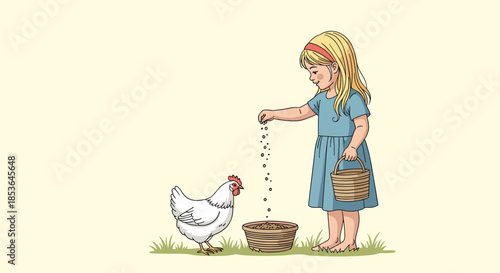 Charming vintage-style illustration of a little blonde girl in a blue dress, kindly feeding grain to a white hen from her hand.