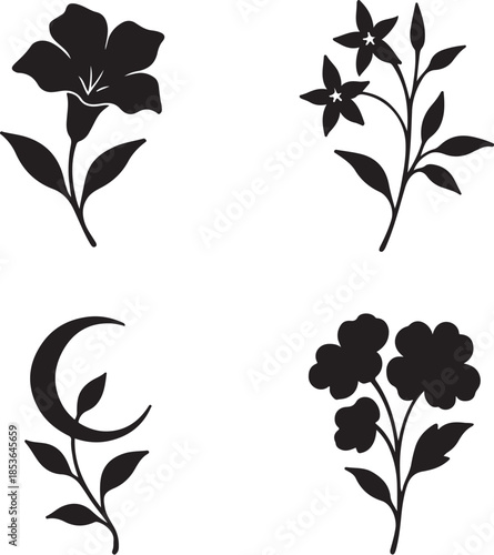 Ancient Forest Crown Bouquets Primeval Botanical Silhouette Line Art Set.eps
