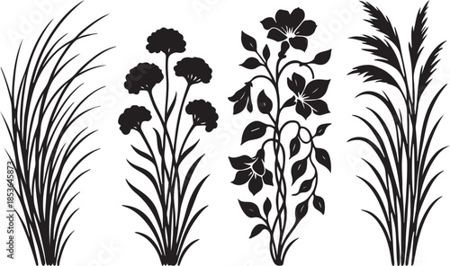 Coastal Storm-Swept Bouquet Array Four Hyper-Detailed Coastal Botanical Silhouettes.eps