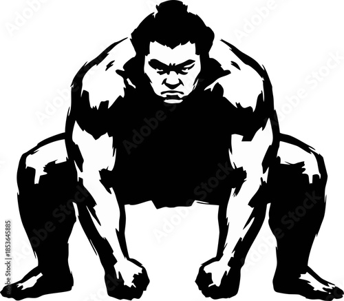 Sumo Crouching Stance Silhouette. Intense Ink Brush Vector for Asian Games 2026