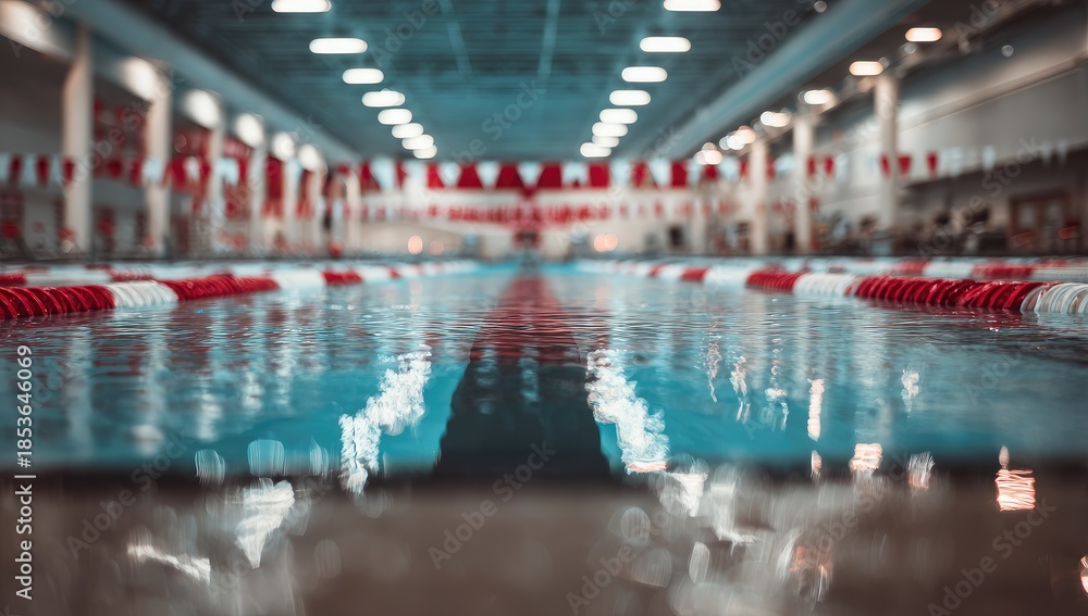 Obraz premium Serene indoor swimming pool with lanes and red-white markers, soft light