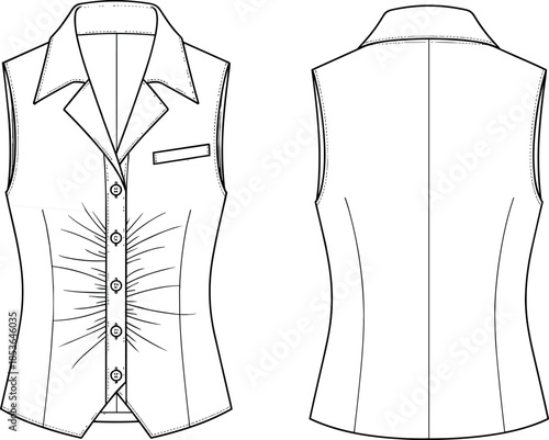 Technical flat sketch and colored print views of a chic draped cowl neck thong bodysuit with a decorative shoulder strap and metallic buckle detail, vector template for fashion design.