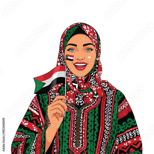 Woman wearing traditional Sudanese clothing. Sudanese woman holding flag. Hijab and face paint. Vector illustration on white background. Cultural symbol. African fashion. Traditional dress.