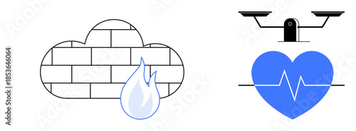 Cybersecurity, data protection, healthcare technology, digital safety, firewall systems, remote surveillance. Cloud with brick-thumbs up design and flame, blue heart with pulse line and camera