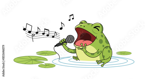 Talented cartoon frog sitting on a lily pad in a pond, singing loudly into a microphone with musical notes floating in the air.