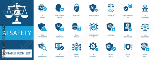 AI Safety and Ethics Icon Set featuring artificial intelligence security, compliance, data privacy, regulation, governance, and risk management flat vector icons for tech design.