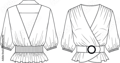 Technical flat sketch (front and back view) of an elegant blouse with draped cowl/turtleneck, voluminous balloon sleeves, and fitted button cuffs, a vector template for high fashion design.