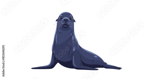 Cute dark gray sea lion pup sitting up and looking directly at the viewer with large, curious, and endearing eyes.