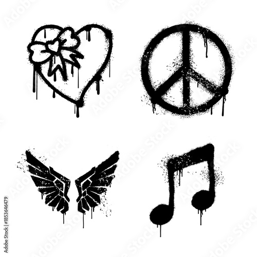 graffiti urban art symbols with heart peace sign wings and music note