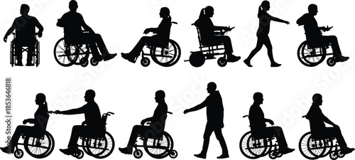 Wheelchair, mobility, silhouette, posture, gesture, assistive, accessibility, interaction, seated, push, setup, vector, black, pose, flavector, minimal, inclusive, support, device, care