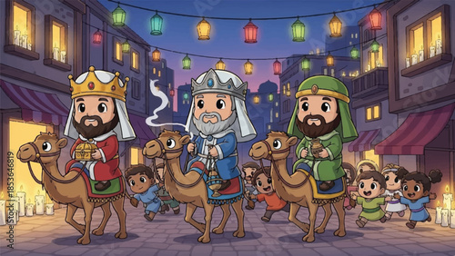 Three wise men on camels. Cartoon illustration of kings riding camels. Children watching in background. Colorful lanterns. Night scene. Vector design.