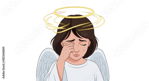 Sad and emotional young angel with brown hair, white wings, and a halo, crying with tears streaming down her face.