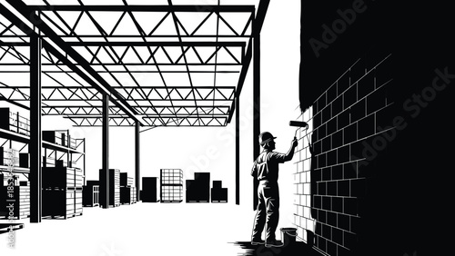 Warehouse, painting, silhouette, posture, gesture, roller, bucket, worker, setup, vector, black, pose, flavector, minimal, industrial, facility, maintenance, truss, pallet, shelving, construction